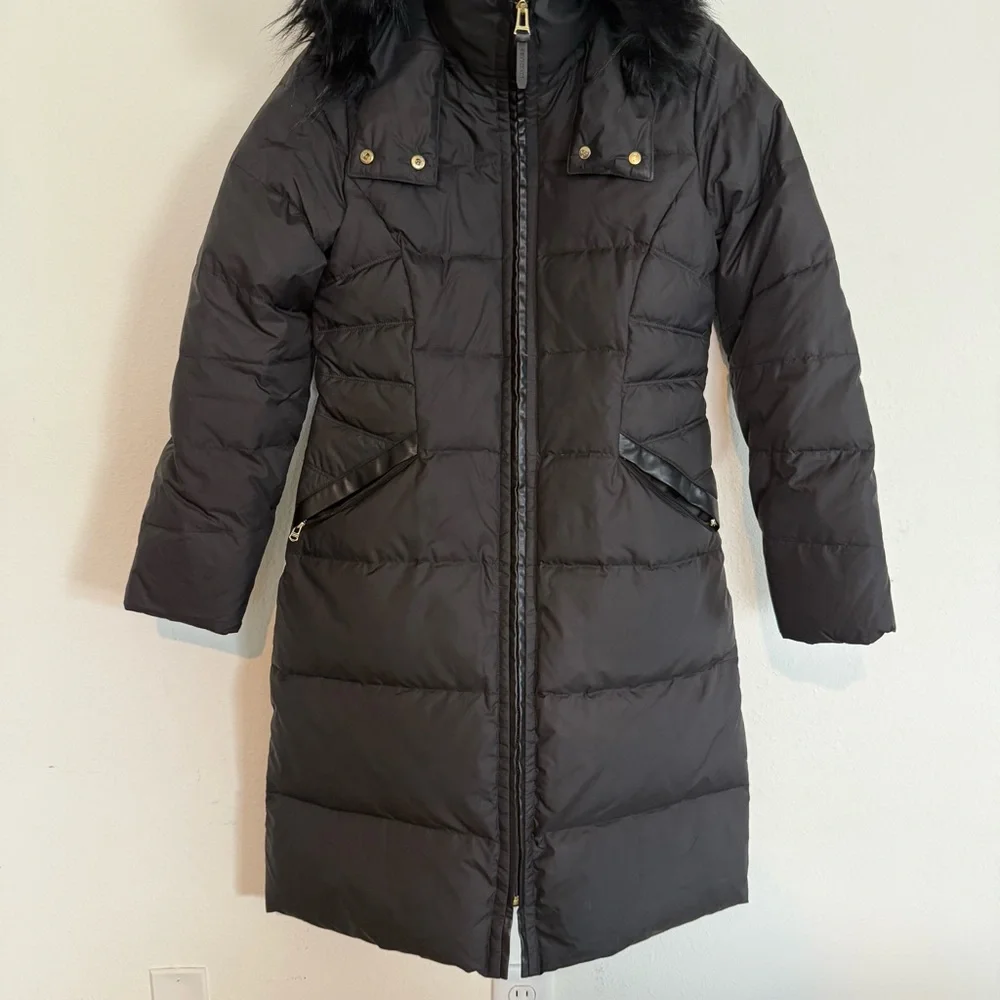Women’s Cole Haan Black Puffer Coat Knee Length Hooded Size Medium Down Fill - Picture 4 of 7